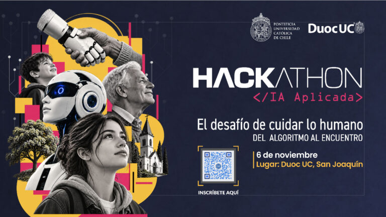 Estudiantes participando en la Hackathon IA Aplicada organizada por la Pastoral Duoc UC y la UC.